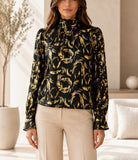 Ladies Black & Gold High Neck Printed Long Sleeve Blouse - StylePhase SA