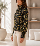Ladies Black & Gold High Neck Printed Long Sleeve Blouse - StylePhase SA