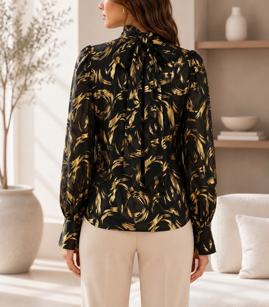 Ladies Black & Gold High Neck Printed Long Sleeve Blouse - StylePhase SA