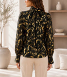 Ladies Black & Gold High Neck Printed Long Sleeve Blouse - StylePhase SA