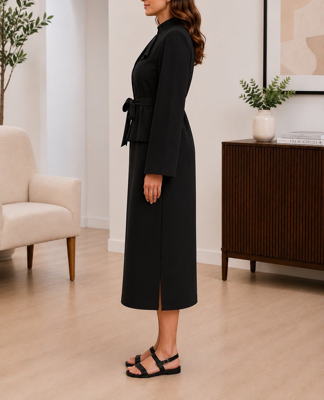 Ladies Black High Neck Tie Waist Midi Dress - StylePhase SA