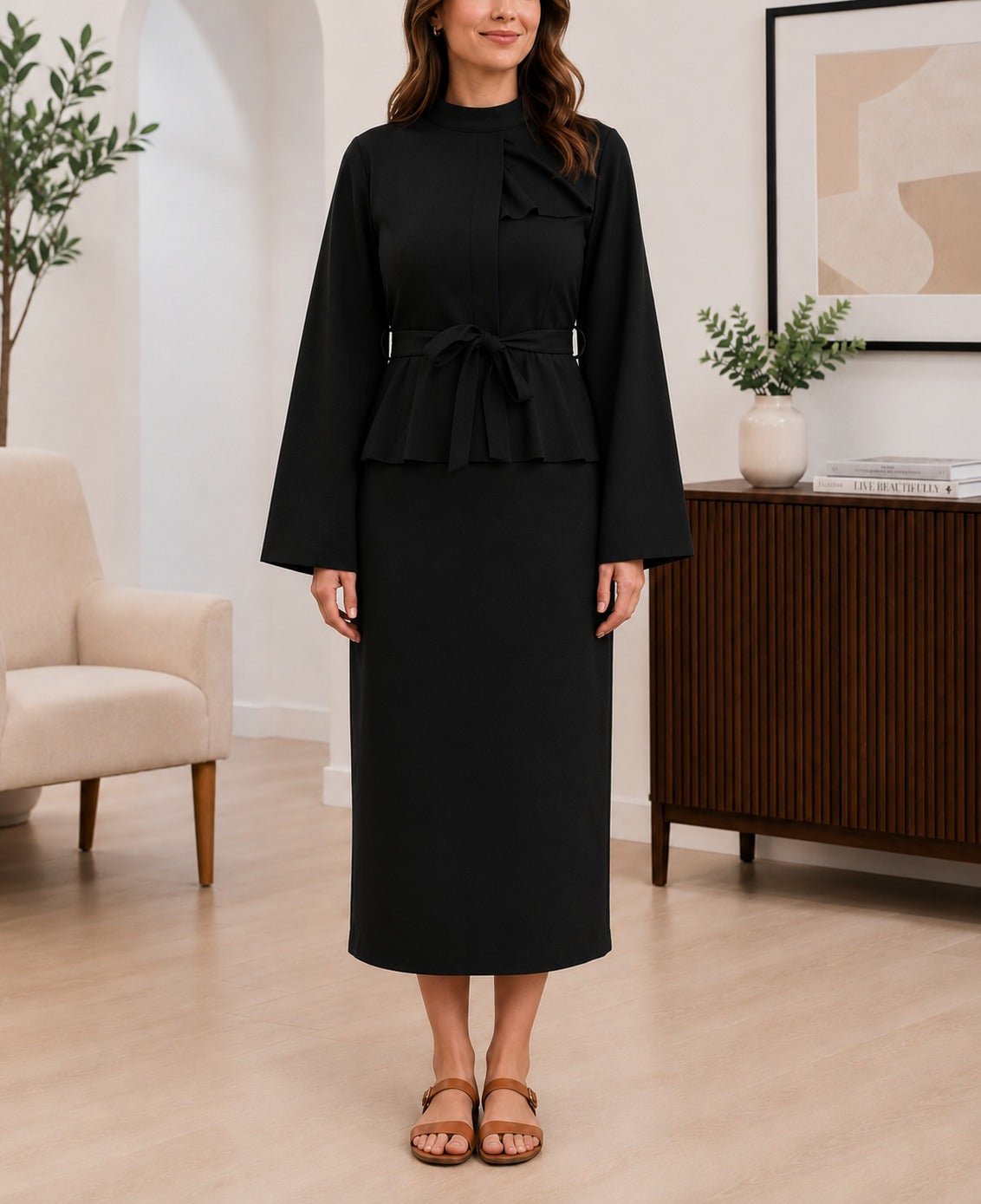 Ladies Black High Neck Tie Waist Midi Dress - StylePhase SA