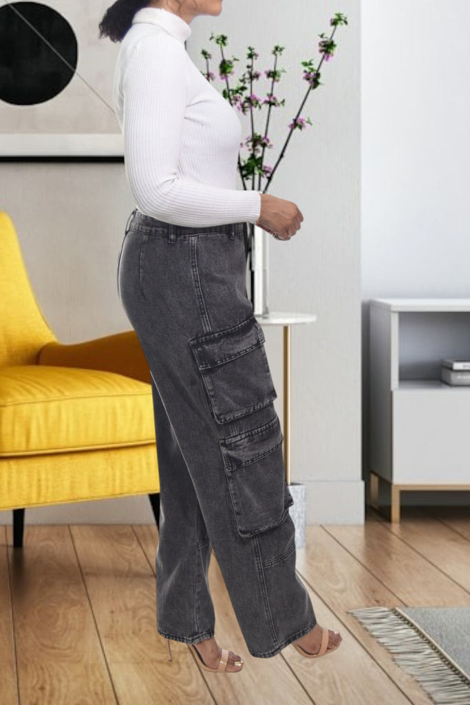 Ladies Black High Waist Cargo Jeans - StylePhase SA