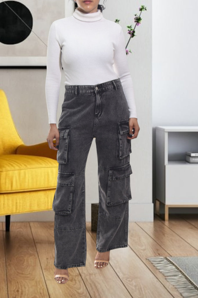Ladies Black High Waist Cargo Jeans - StylePhase SA
