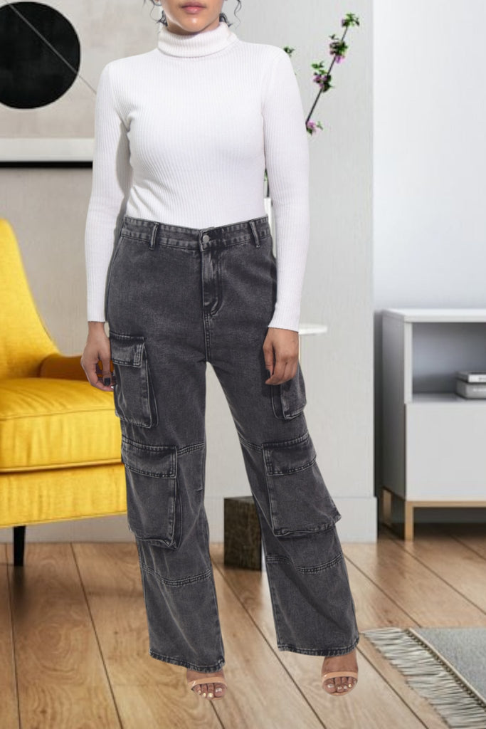 Ladies Black High Waist Cargo Jeans - StylePhase SA