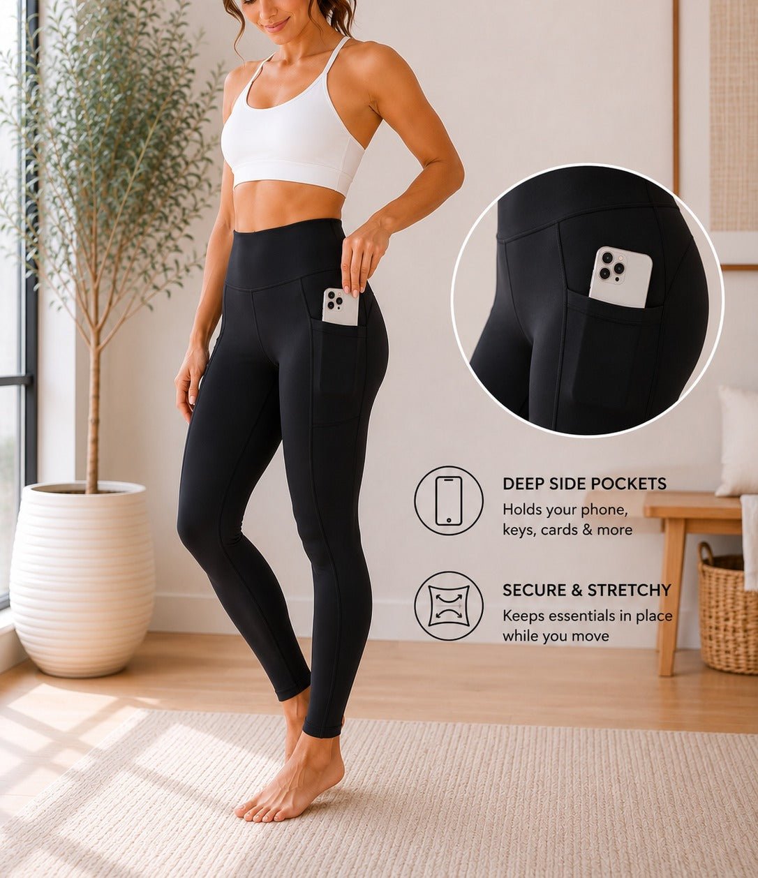 Ladies Black High-Waist Side Pocket Activewear Leggings - StylePhase SA