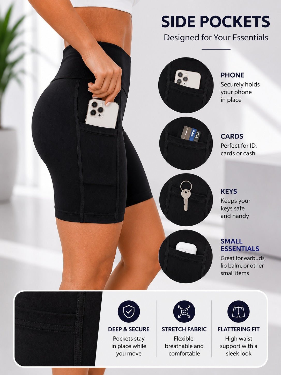 Ladies Black High-Waist Side Pocket Activewear Shorts - StylePhase SA