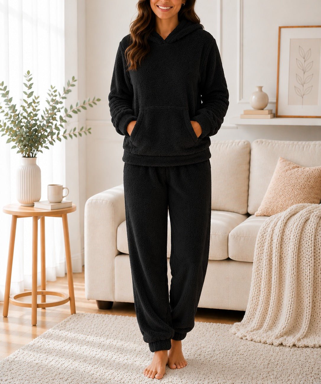 Ladies Black Kangaroo Hoody Plush Pj Set - StylePhase SA