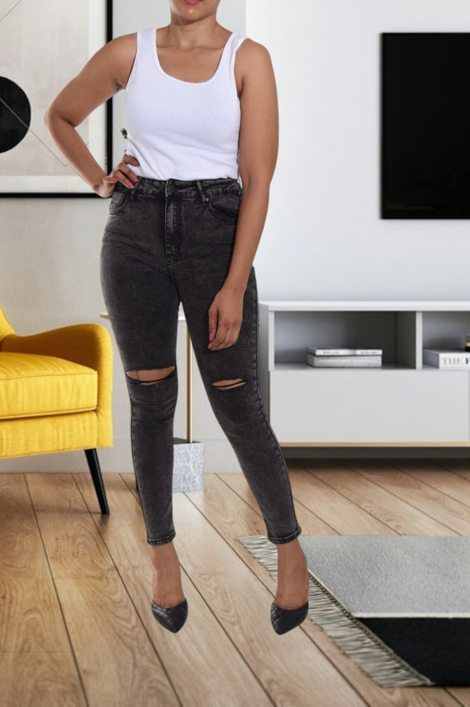 Ladies Black Knee Cut Out Jeans - StylePhase SA