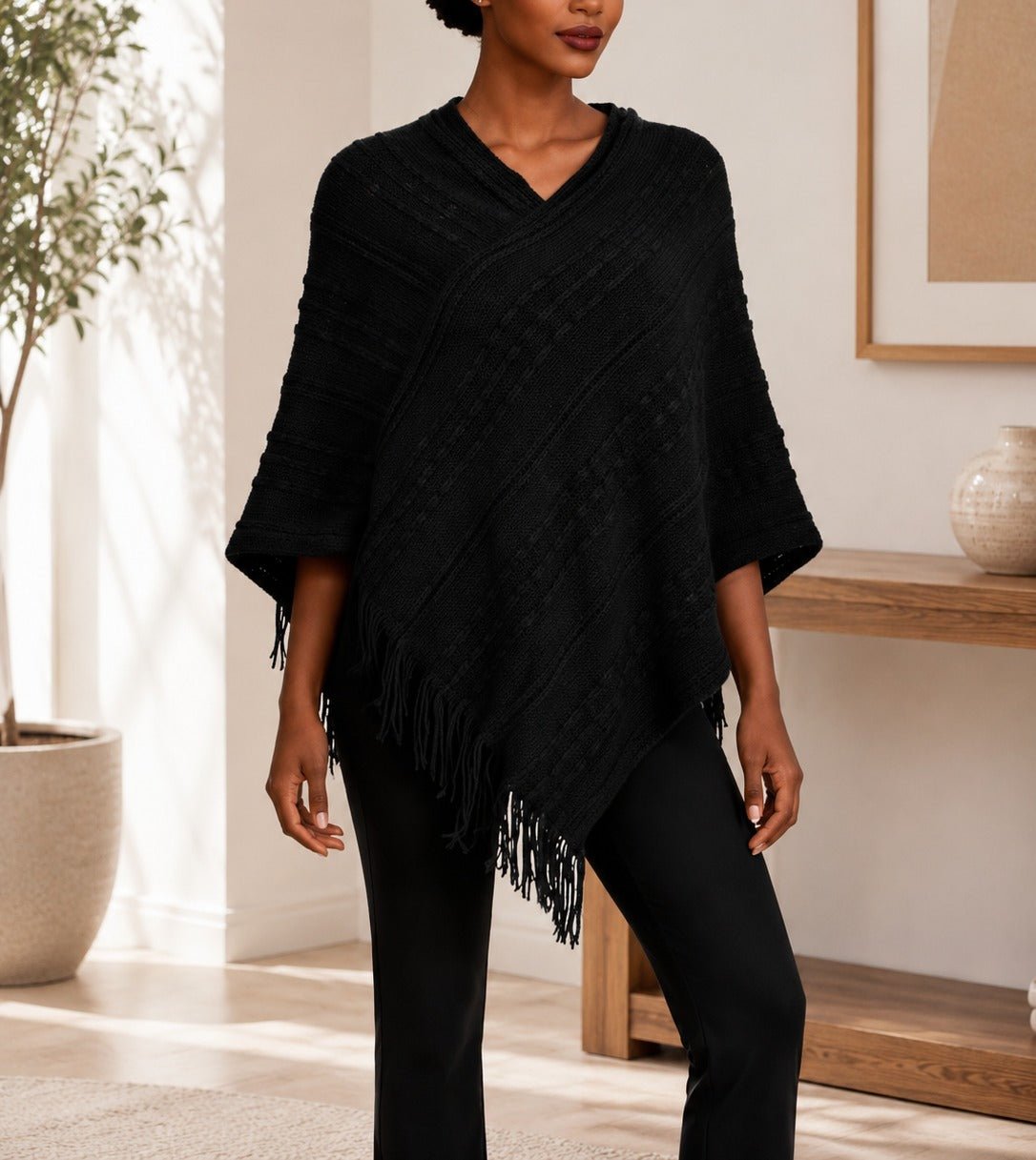 Ladies Black Knitted V-Neck Poncho - StylePhase SA
