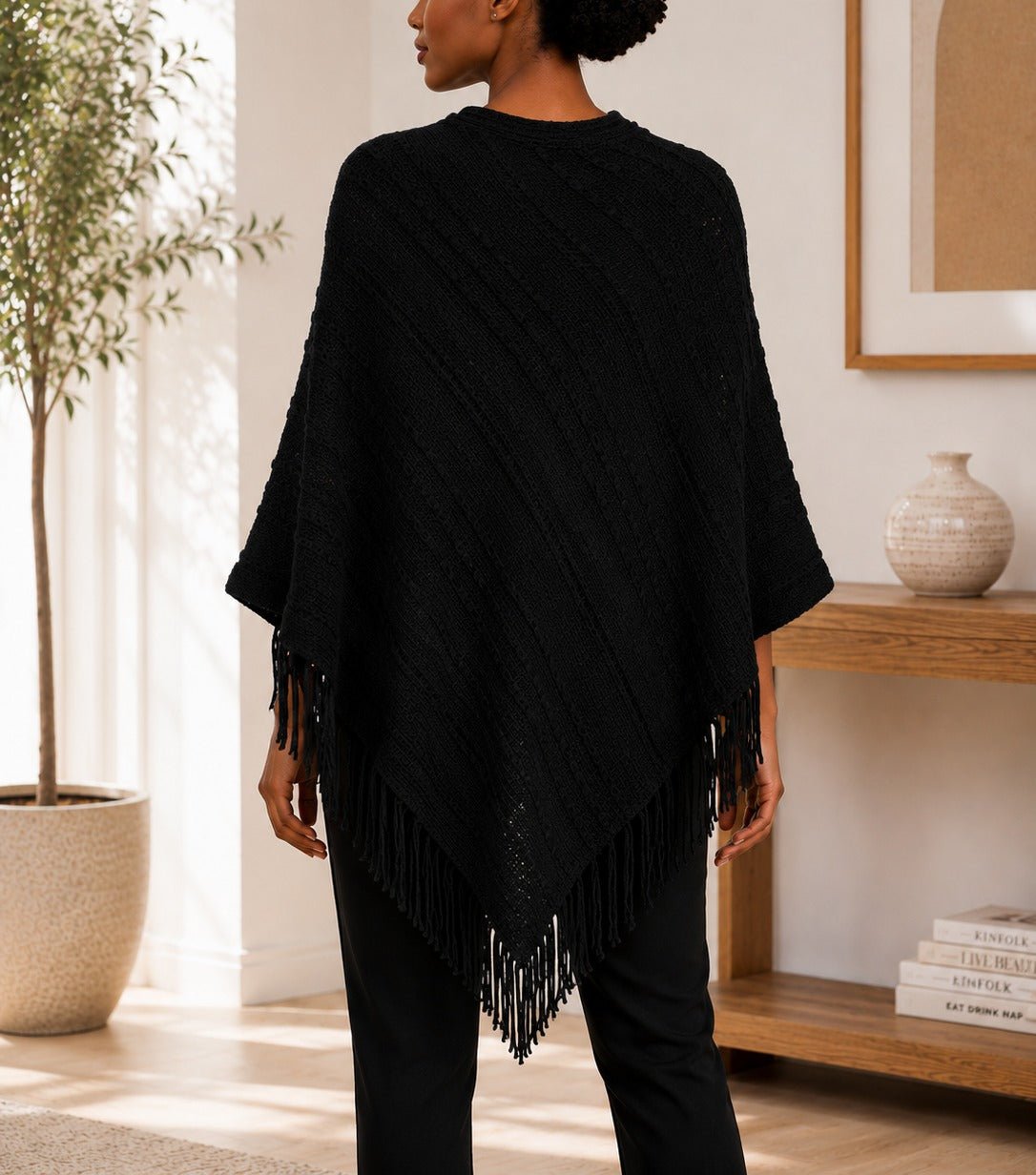 Ladies Black Knitted V-Neck Poncho - StylePhase SA