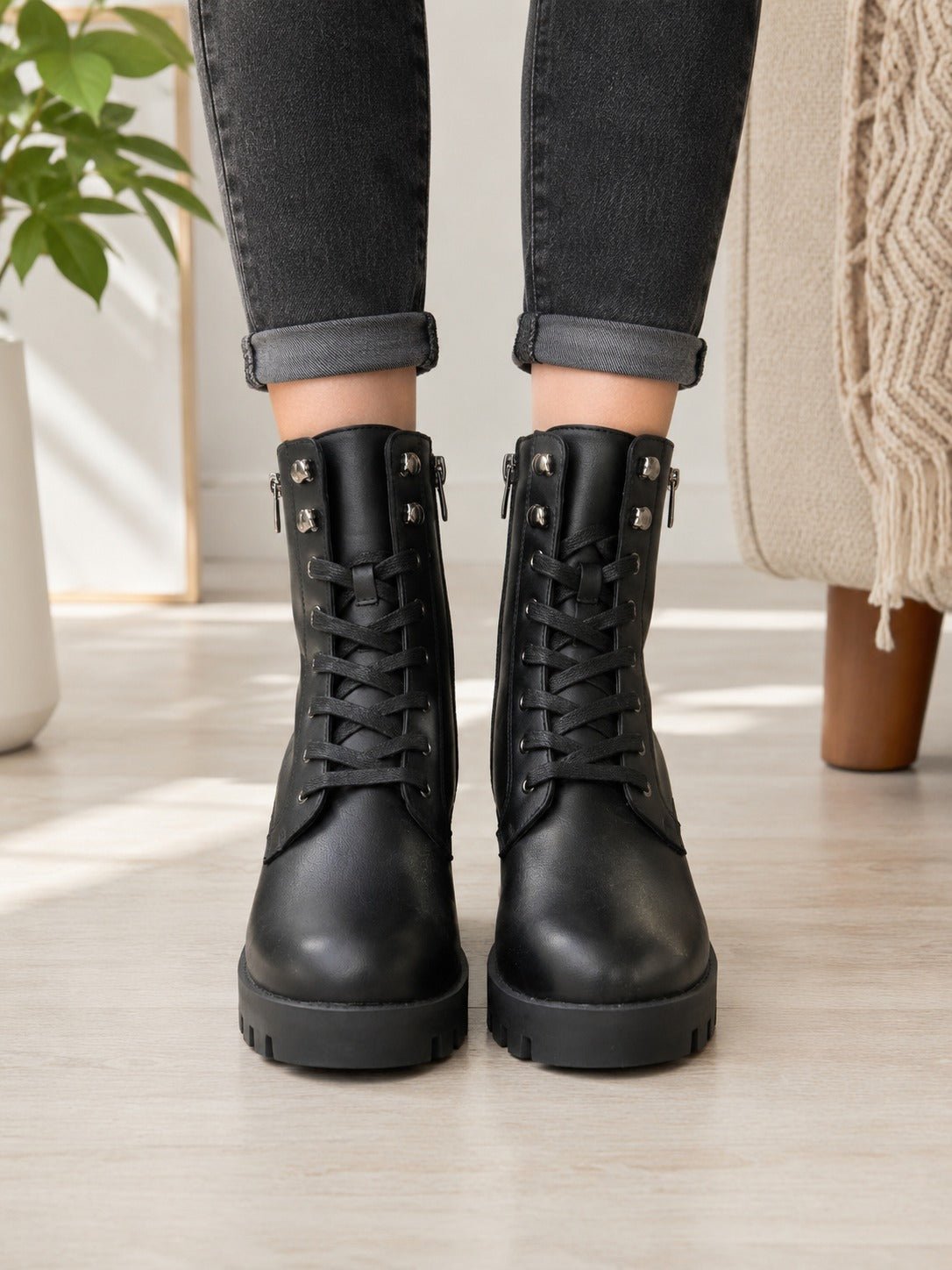 Ladies Black Lace-Up Zip Block Heel Ankle Boots - StylePhase SA