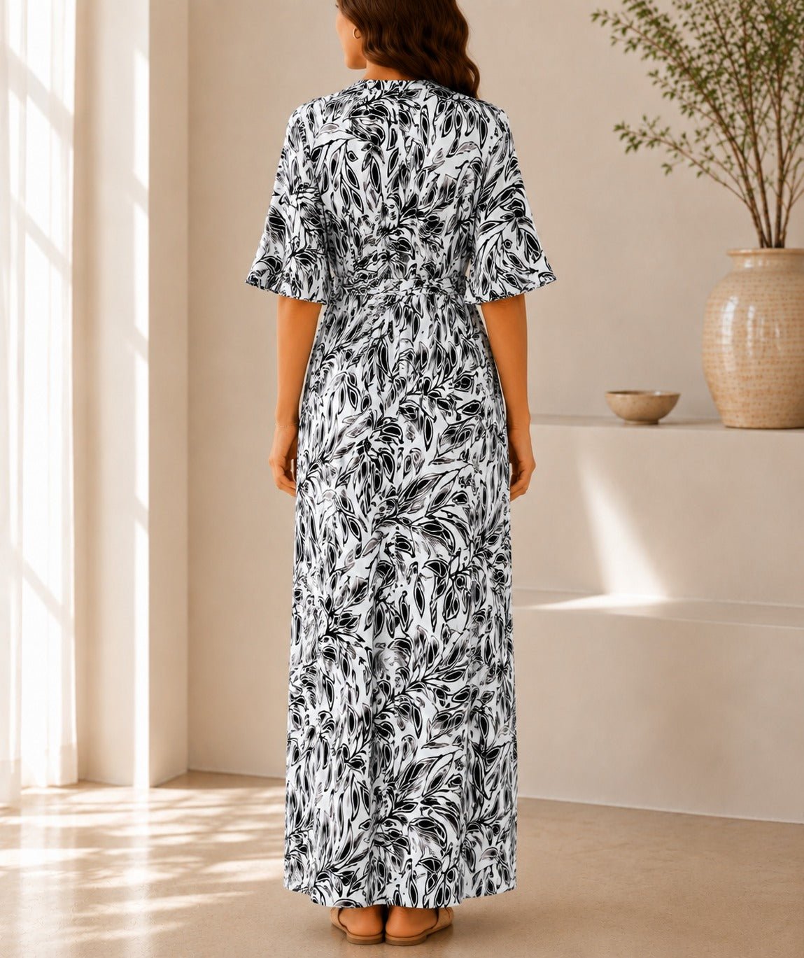 Ladies Black Leaf Print Ruffle Sleeve Dress - StylePhase SA