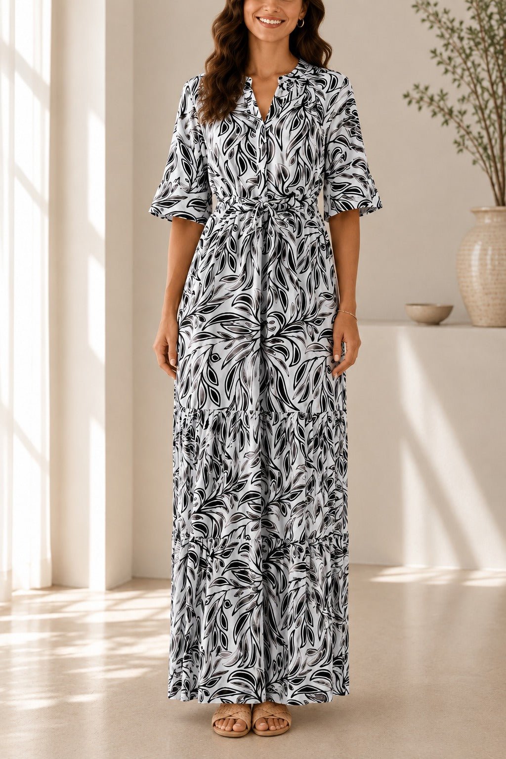 Ladies Black Leaf Print Ruffle Sleeve Dress - StylePhase SA