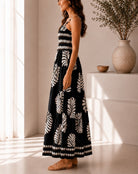 Ladies Black Leaf Print Spaghetti Strap Maxi Dress - StylePhase SA