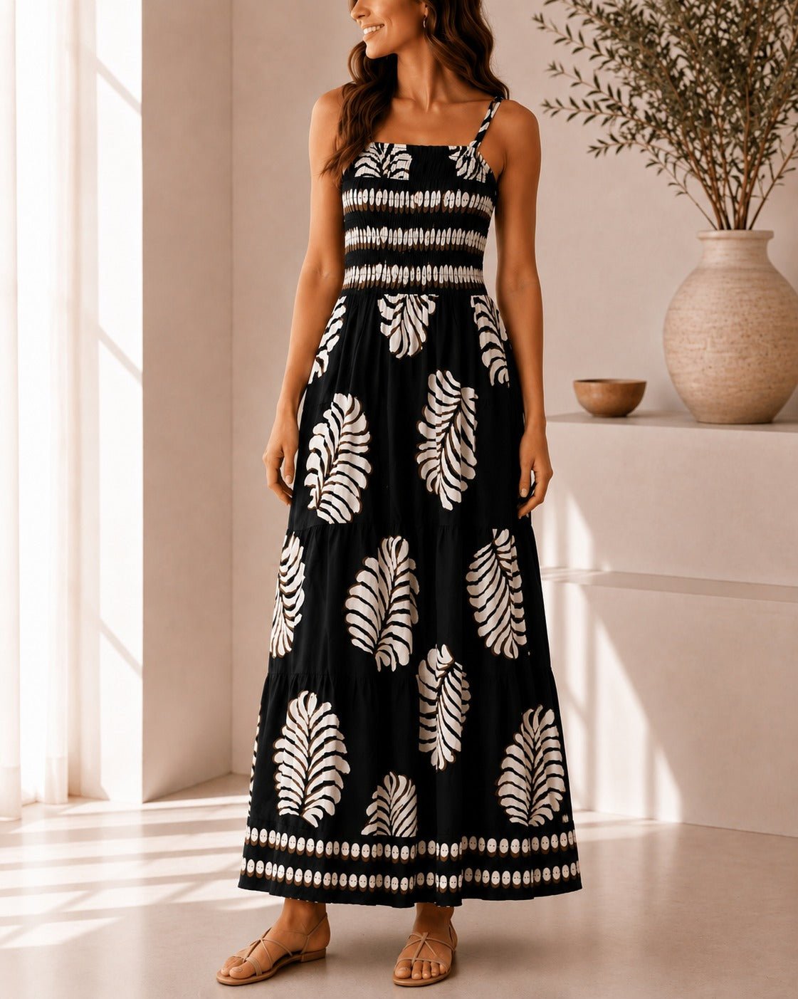 Ladies Black Leaf Print Spaghetti Strap Maxi Dress - StylePhase SA