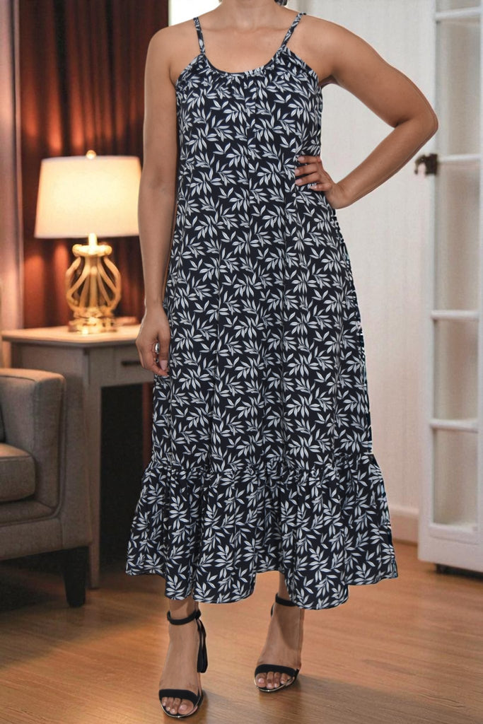 Ladies Black Leaf Print Strappy Ruffle End Dress - StylePhase SA