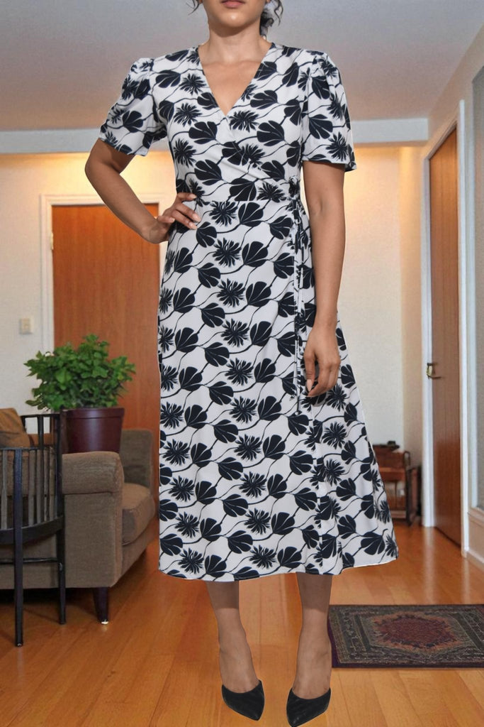 Ladies Black Leaf Print Wrap Dress - StylePhase SA