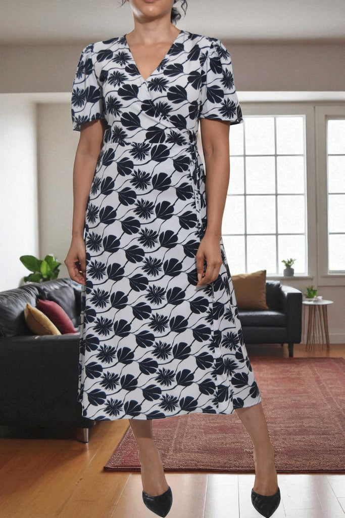 Ladies Black Leaf Print Wrap Dress - StylePhase SA