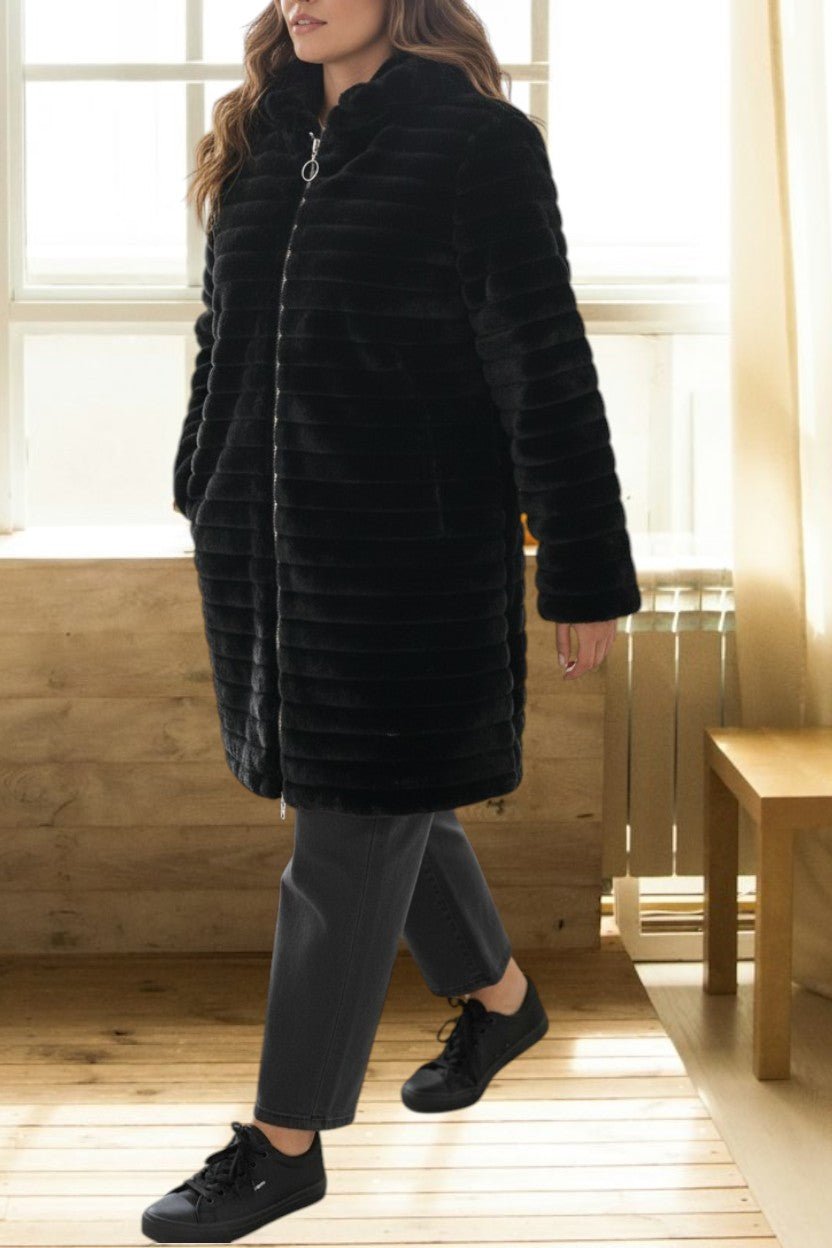 Ladies Black Long Fur Pattern Jacket - StylePhase SA