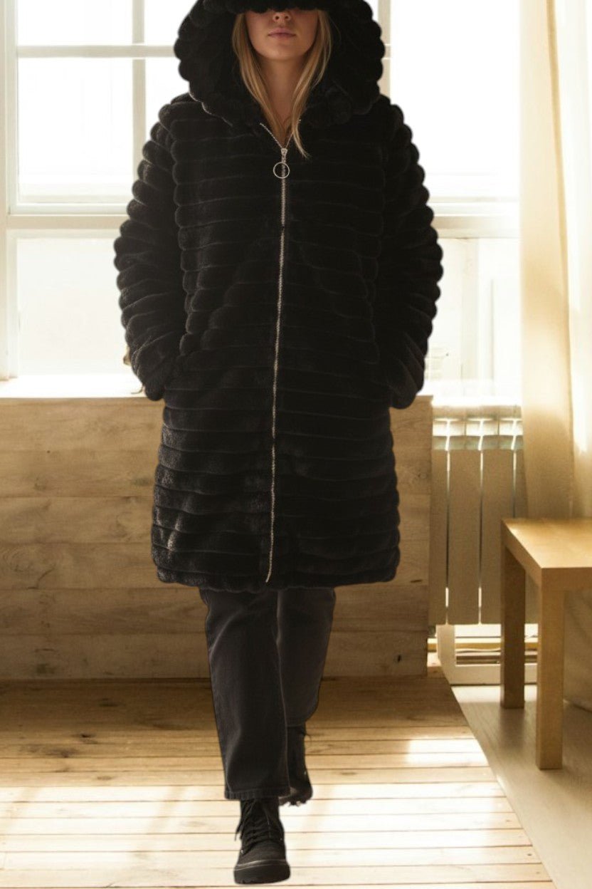 Ladies Black Long Fur Pattern Jacket - StylePhase SA