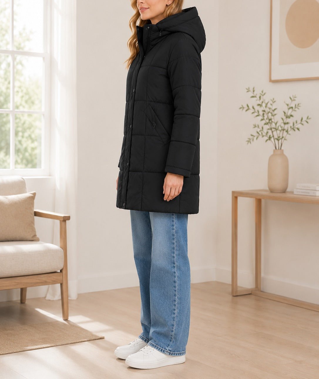 Ladies Black Long Line Padded Puffer Jacket - StylePhase SA