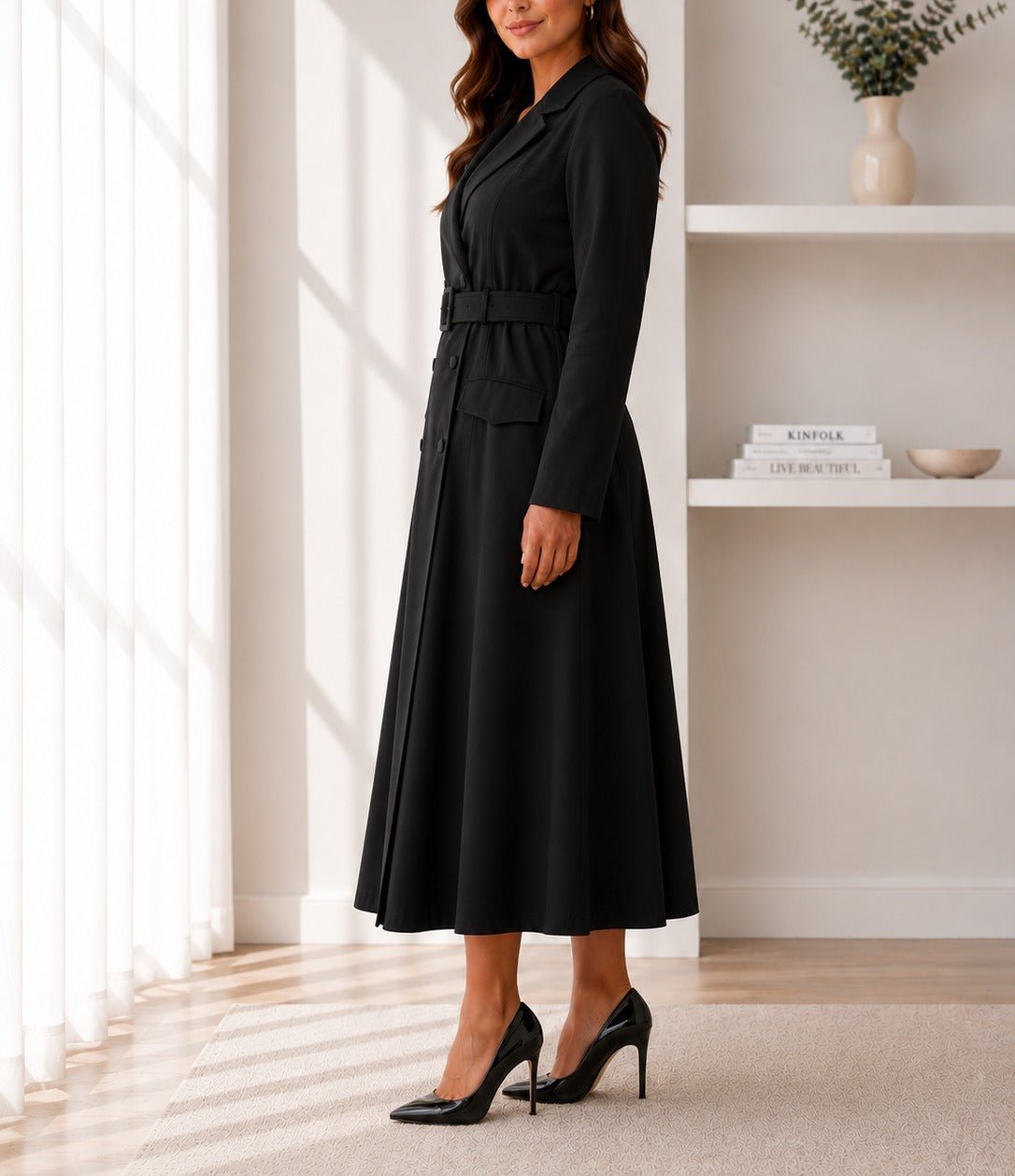 Ladies Black Long Sleeve Belt Dress-New Feeling - StylePhase SA