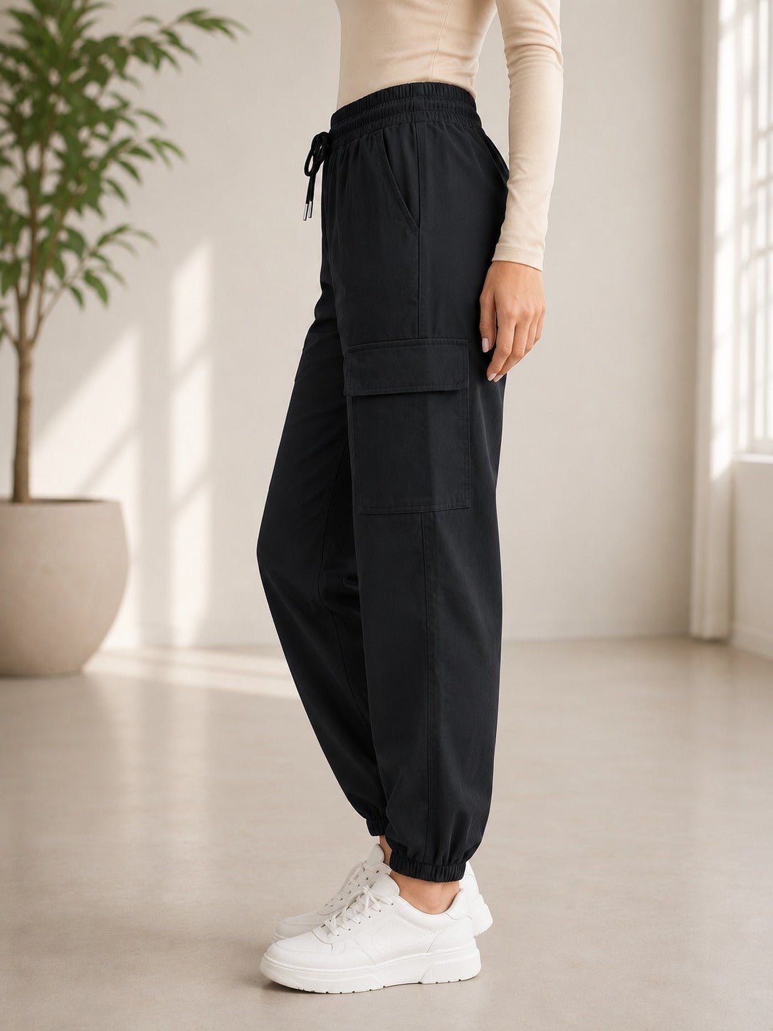 Ladies Black Mid-Rise Drawstring Cargo Joggers - StylePhase SA