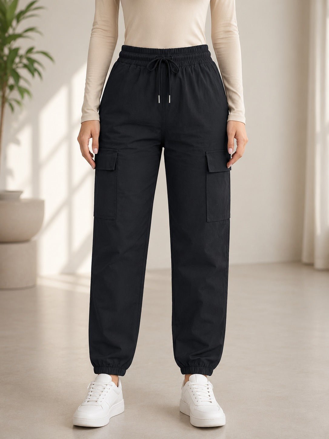 Ladies Black Mid-Rise Drawstring Cargo Joggers - StylePhase SA