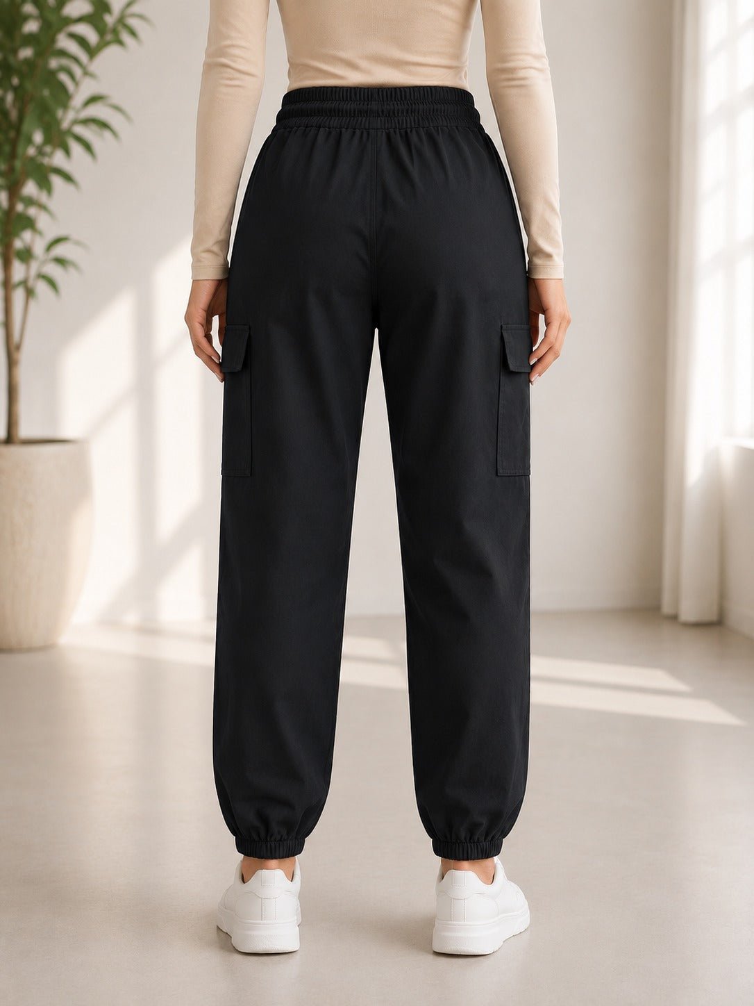 Ladies Black Mid-Rise Drawstring Cargo Joggers - StylePhase SA