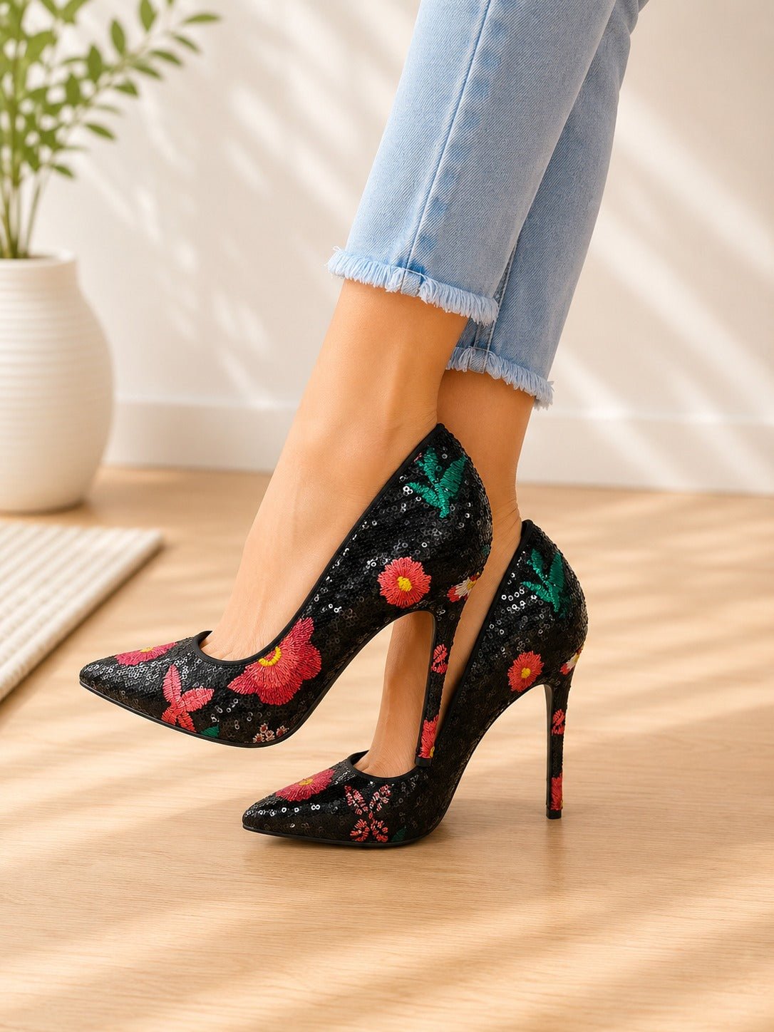 Ladies Black Multi Floral Heels - StylePhase SA