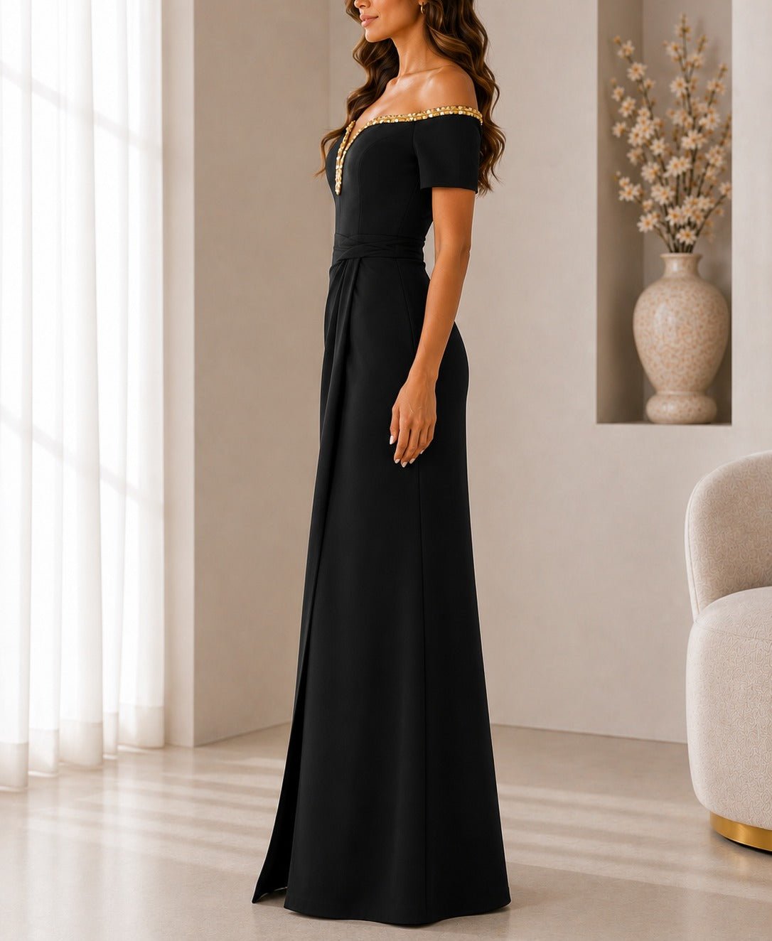 Ladies Black New Feeling Embellished Off Shoulder Maxi Dress - StylePhase SA