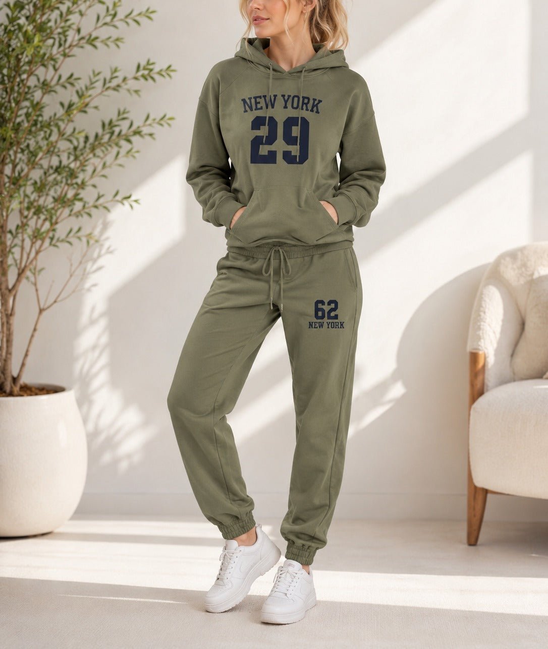 Ladies Black New York Printed Fleece Tracksuit Set - Olive - StylePhase SA