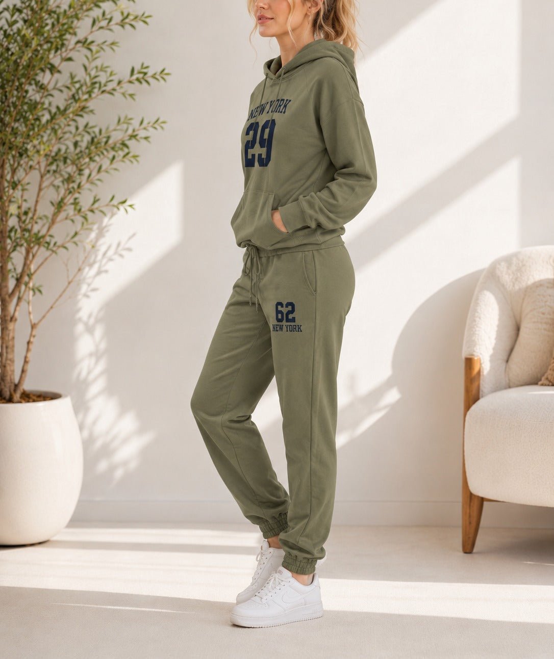 Ladies Black New York Printed Fleece Tracksuit Set - Olive - StylePhase SA