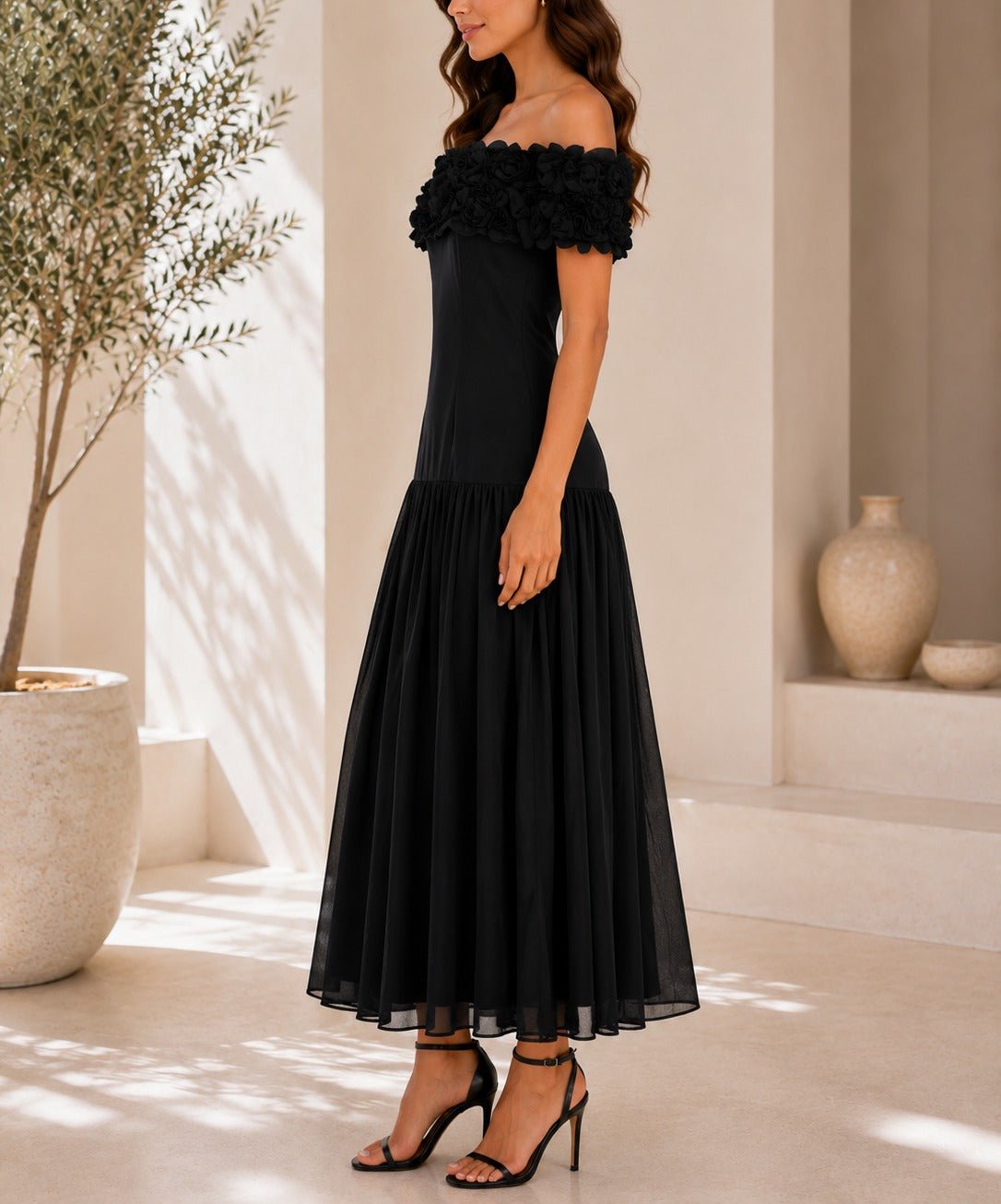 Ladies Black Off Shoulder 3D Fabric Rose Dress - StylePhase SA