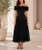Ladies Black Off Shoulder 3D Fabric Rose Dress - StylePhase SA