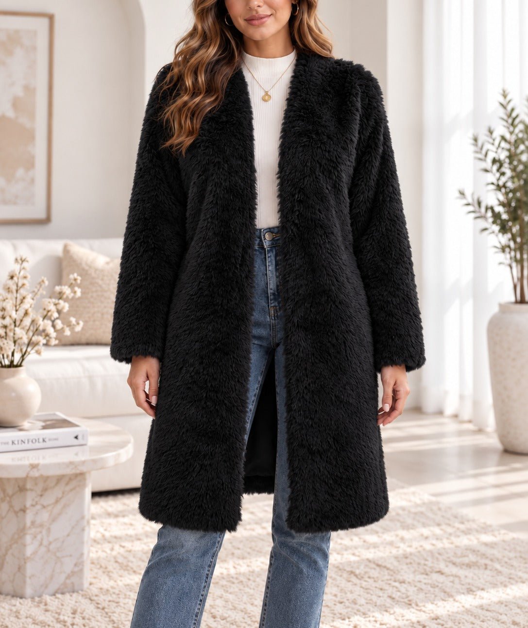 Ladies Black Open-Front Faux Fur Coat - StylePhase SA