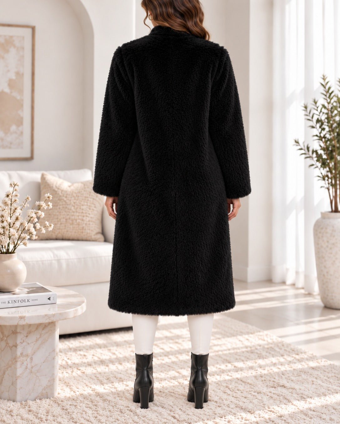 Ladies Black Open-Front Faux Fur Coat - StylePhase SA