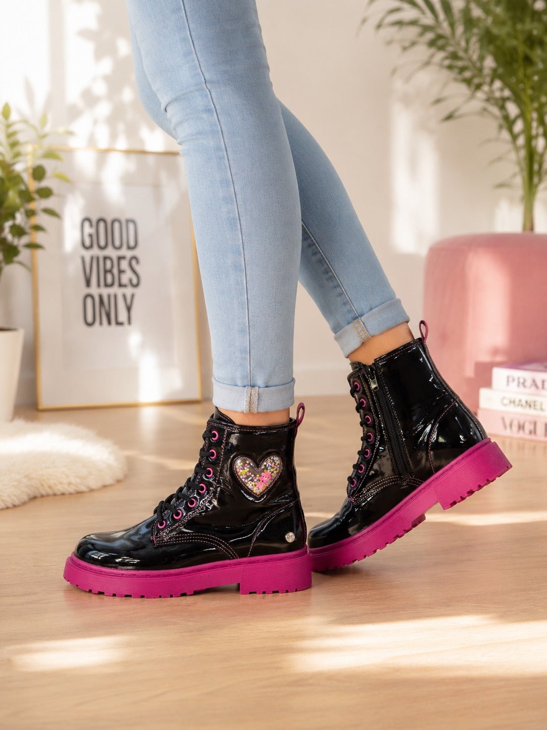 Ladies Black Patent Heart Detail Lace-Up Ankle Boots - StylePhase SA