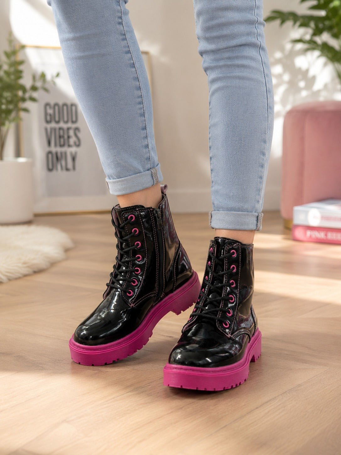 Ladies Black Patent Heart Detail Lace-Up Ankle Boots - StylePhase SA