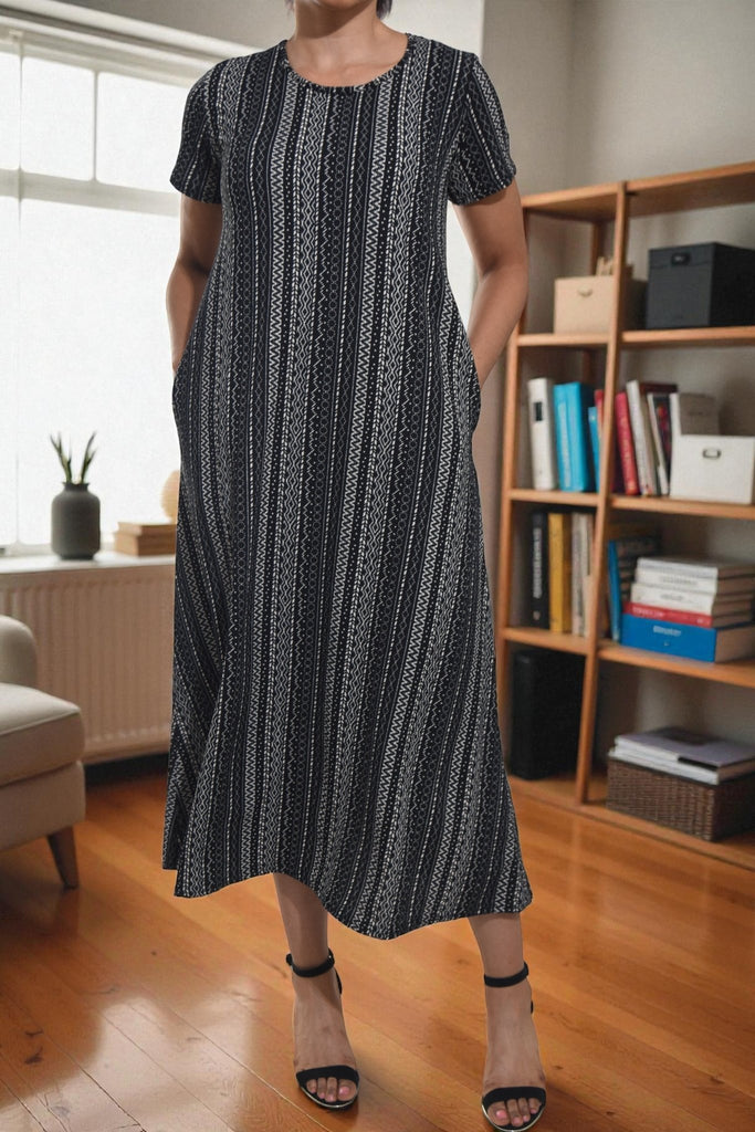 Ladies Black Pattern Short Sleeve Maxi Dress - StylePhase SA