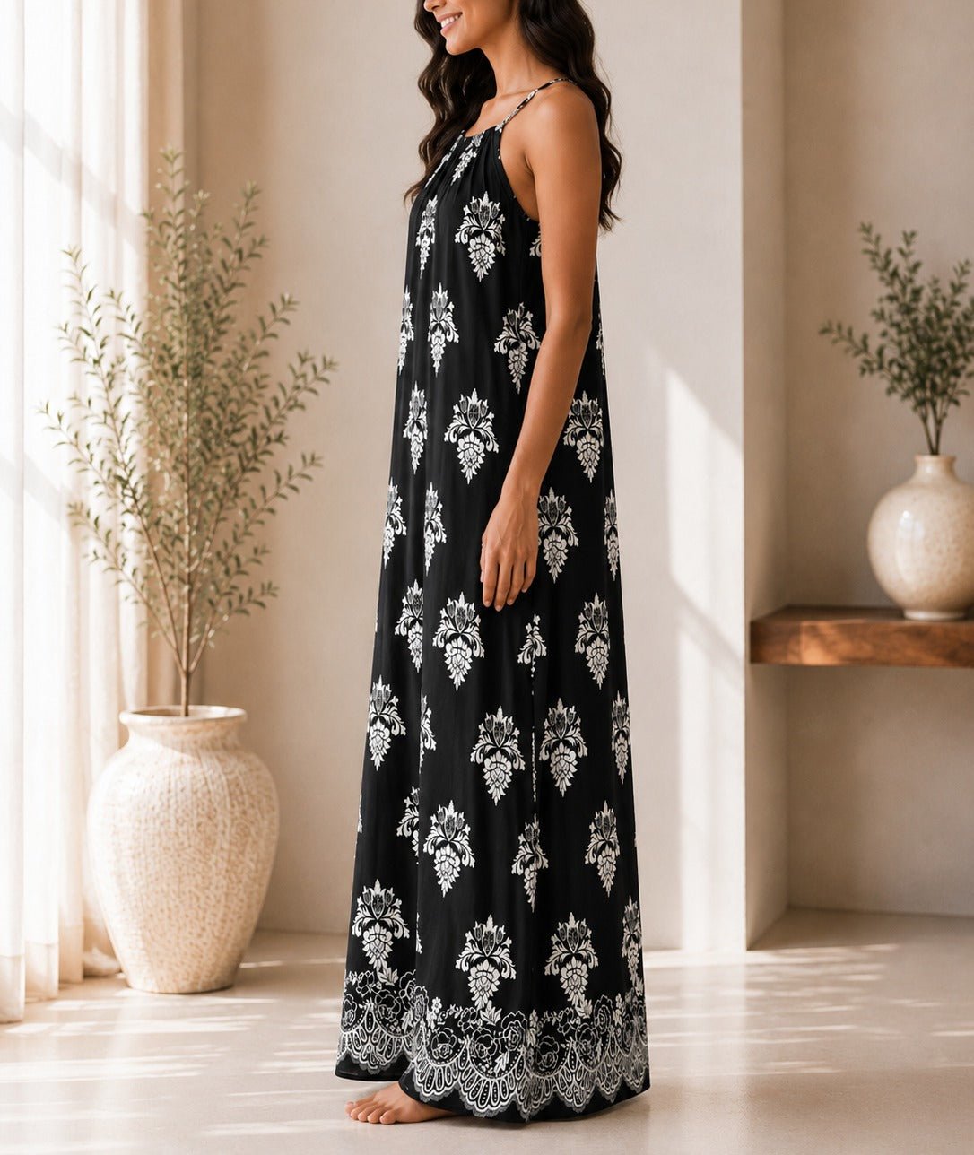 Ladies Black Patterned Sleeveless Maxi Dress - StylePhase SA