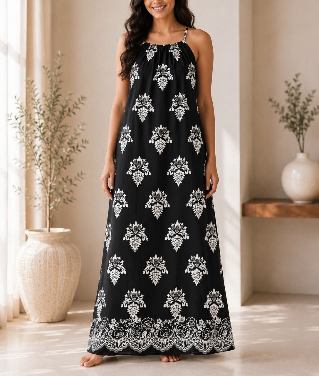 Ladies Black Patterned Sleeveless Maxi Dress - StylePhase SA