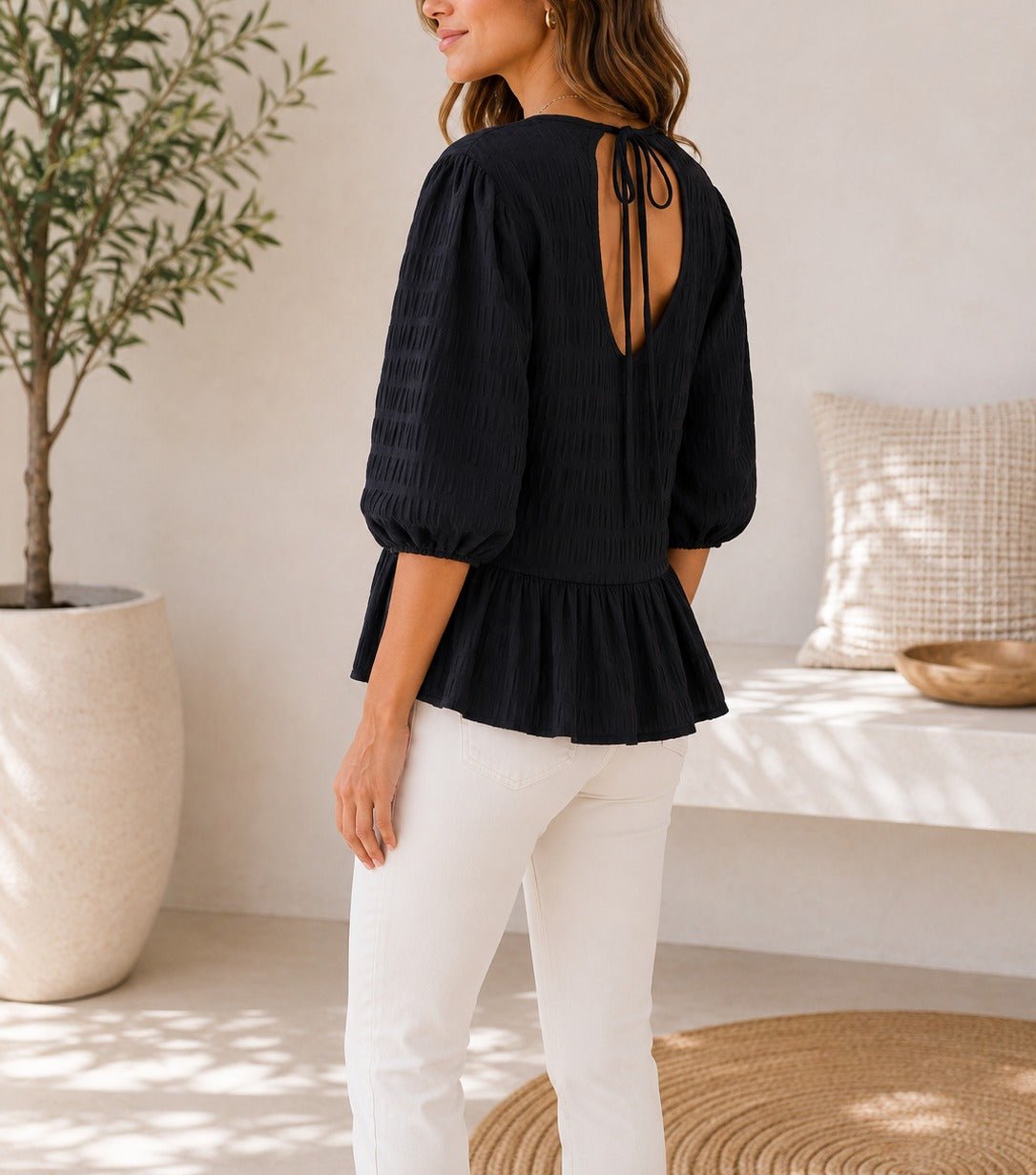 Ladies Black Peplum Puff Sleeve Top - StylePhase SA