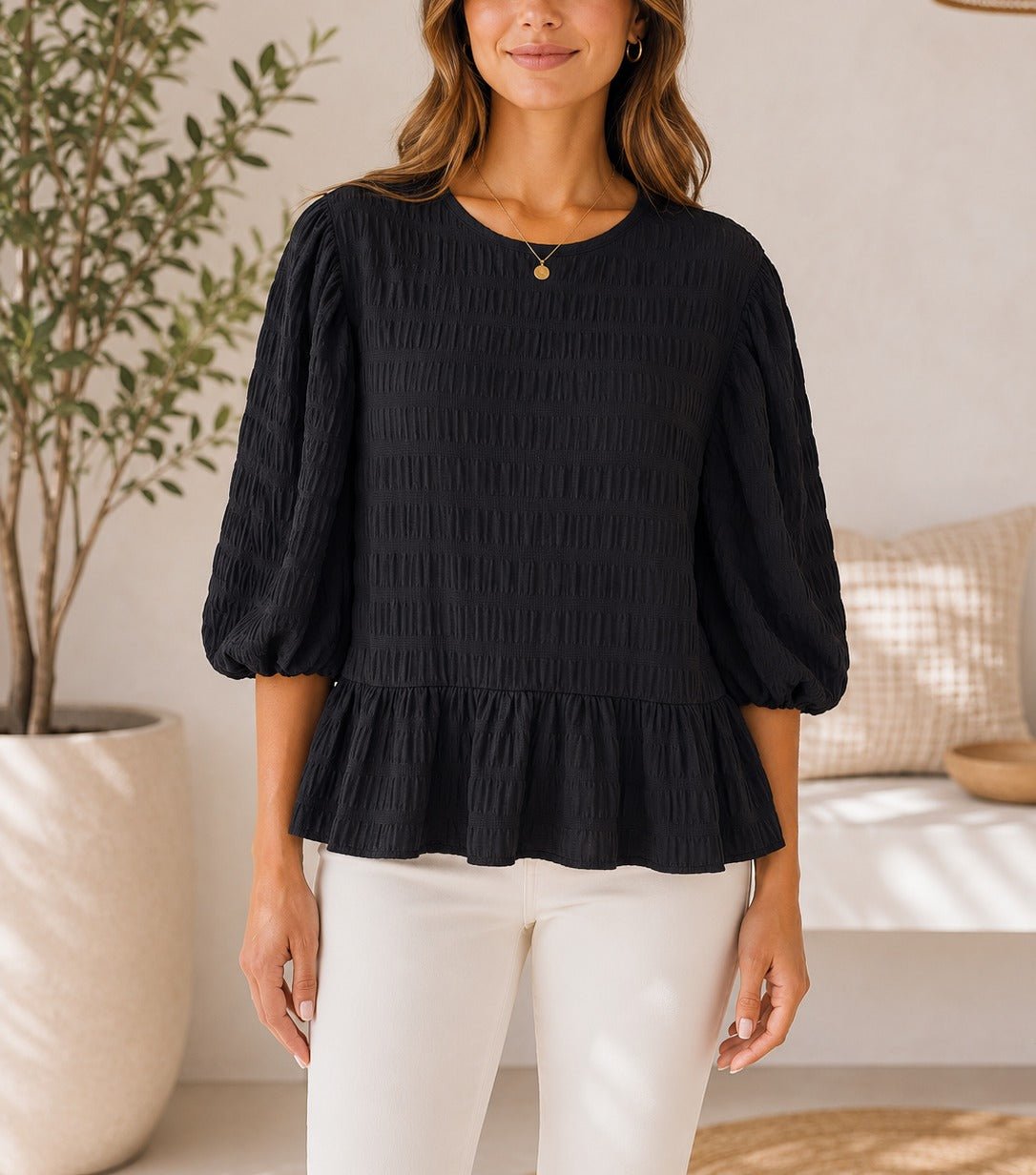 Ladies Black Peplum Puff Sleeve Top - StylePhase SA