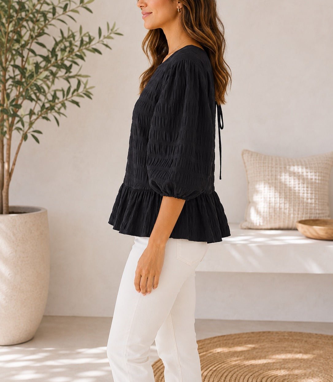 Ladies Black Peplum Puff Sleeve Top - StylePhase SA