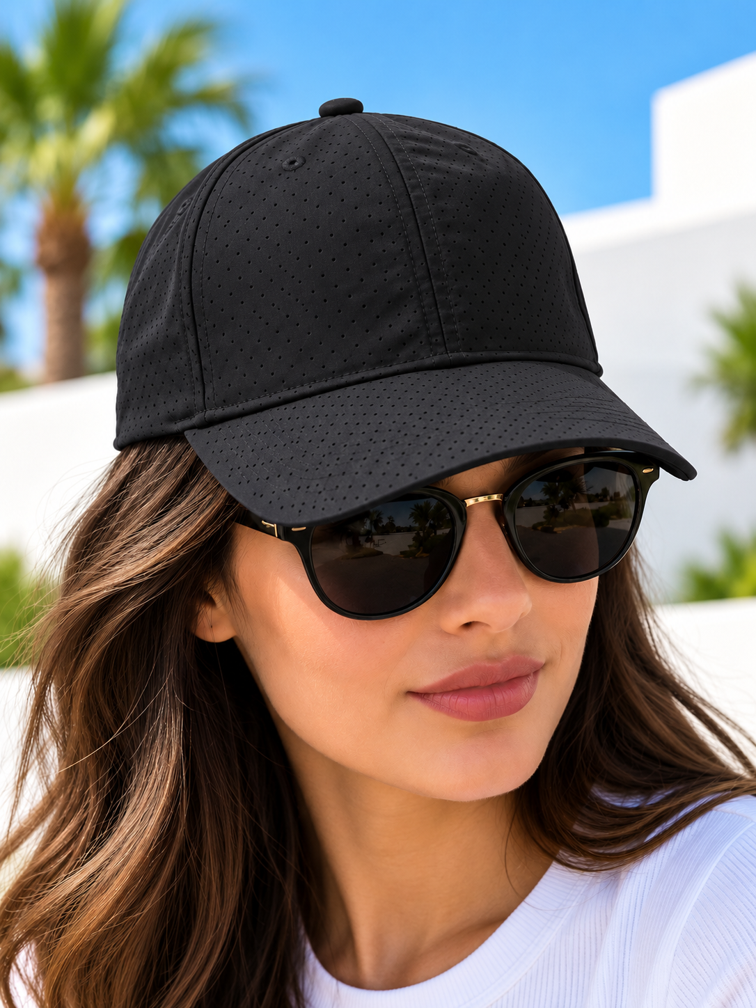 Black perforated baseball cap worn by female model