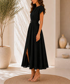 Ladies Black Pleated Buckled Waist Belt Dress - StylePhase SA