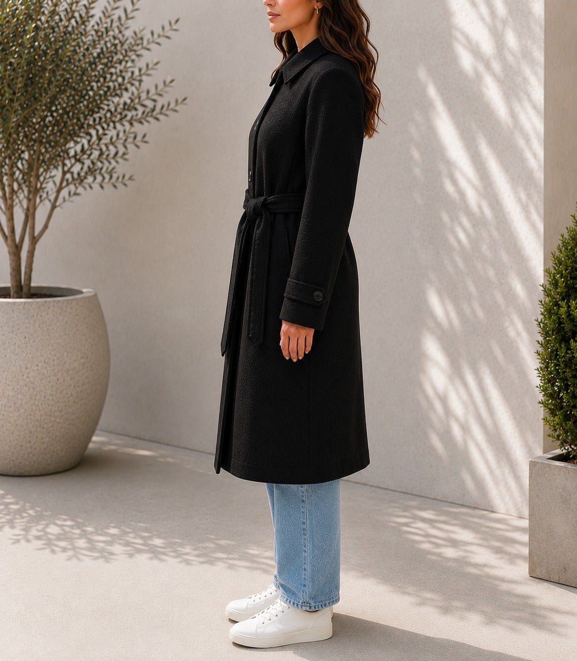 Ladies Black Pleated Button Detail Melton Coat - StylePhase SA
