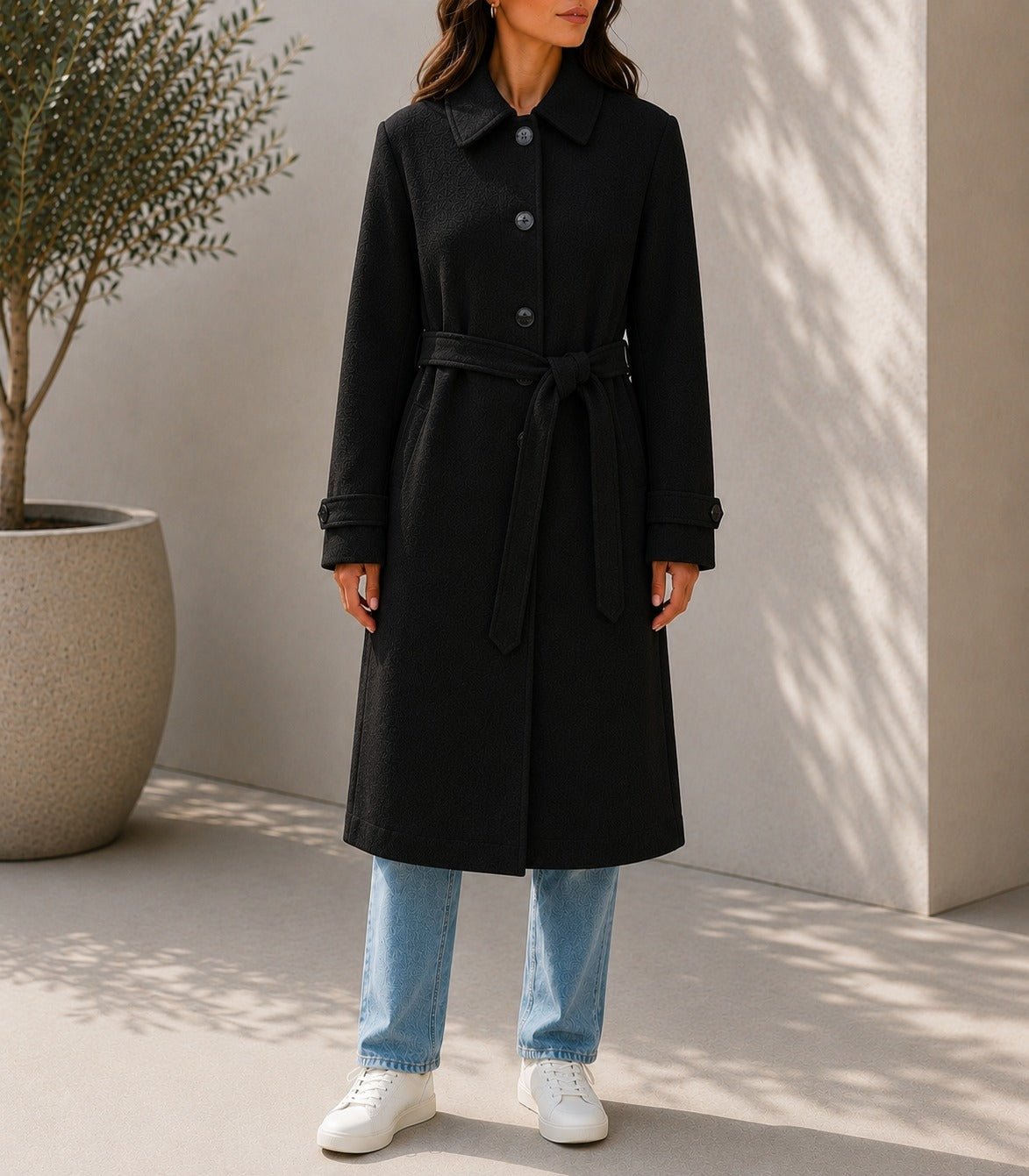 Ladies Black Pleated Button Detail Melton Coat - StylePhase SA